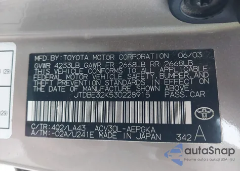 2003 Toyota Camry Xle из США, поврежденный, VIN JTDBE32K530228915